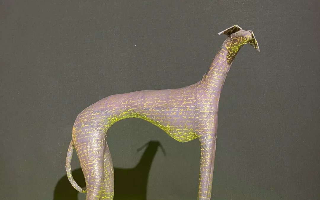 Galgo negro con letras doradas